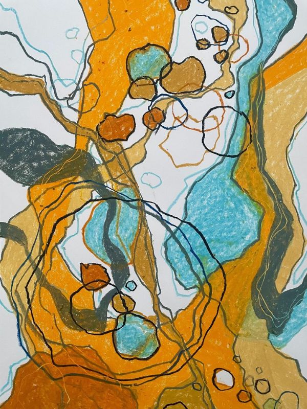 An oil pastel drawing featuring natural orange and teal hues and meandering shapes and lines reminiscent of nature