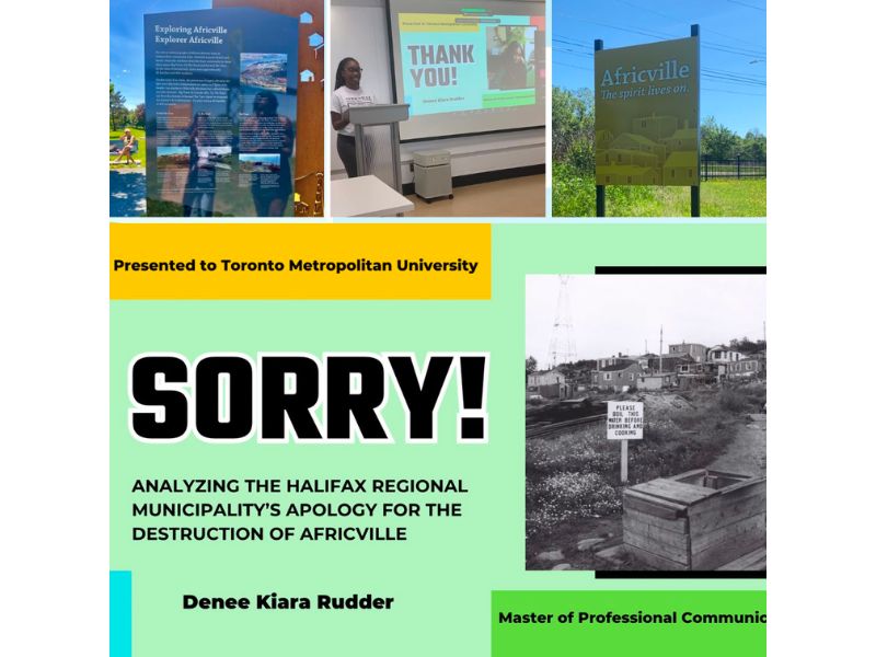 Graphic titled "Sorry! Analyzing the Halifax regional municipality's apology for the destruction of Africville" alongside images of Africville 