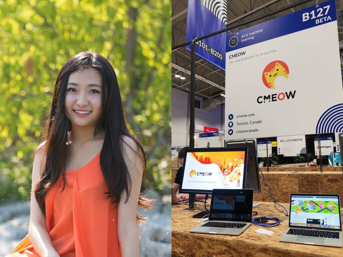 on left, women smiling in headshot and on the right is banner and laptop at conference