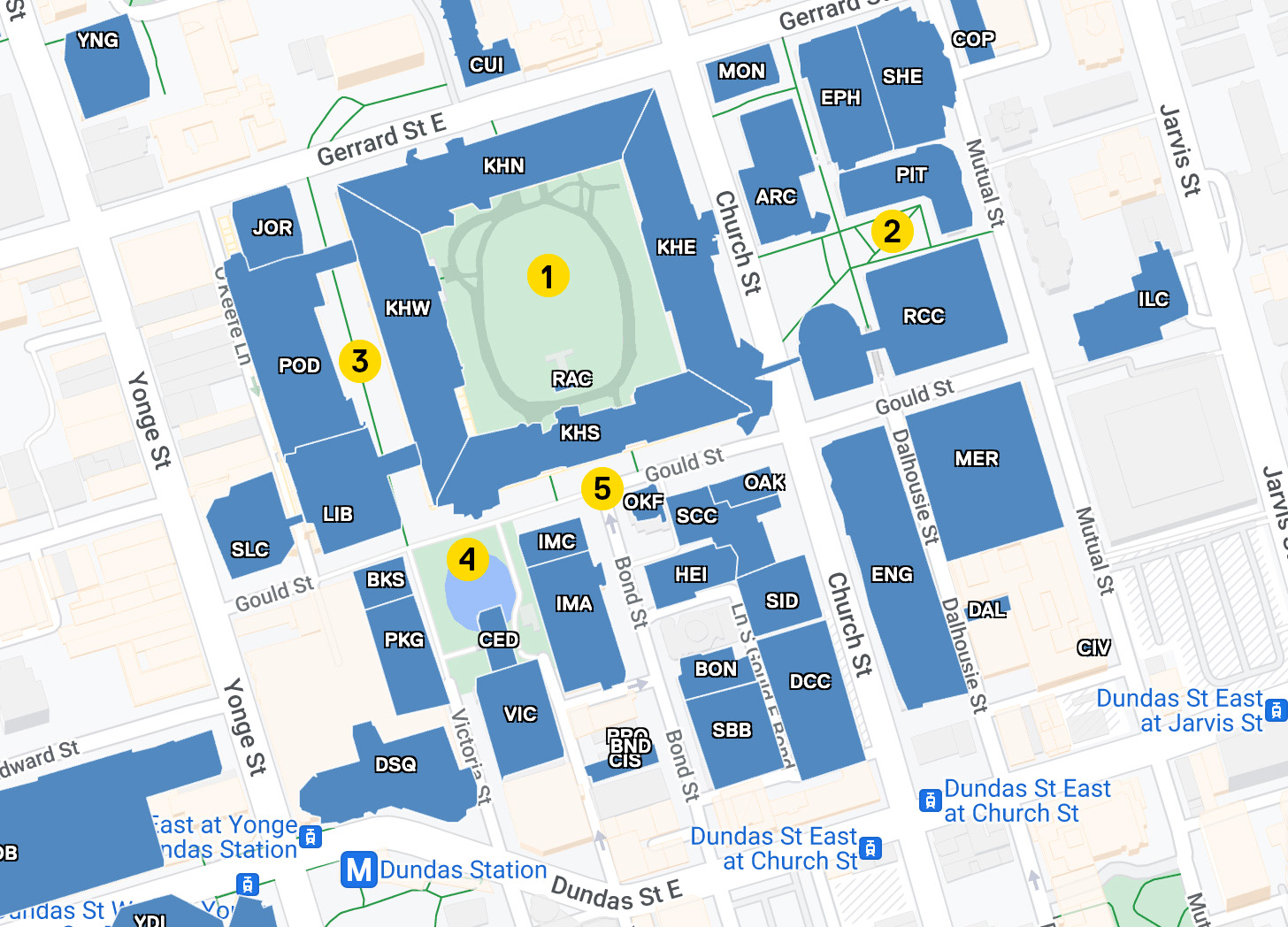 map of tmu with outdoor spaces marked and numbered