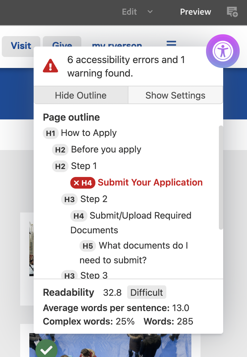 Accessibility checker showing heading hierarchy issues in Show outline panel and readability score.