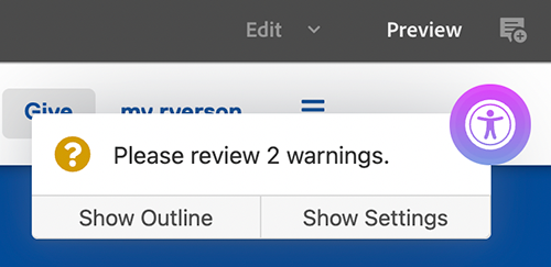 Accessibility checker showing 2 warnings.