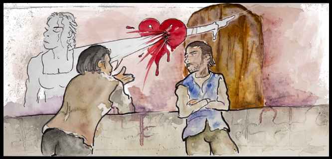 A frame from Chapter 1 showing Calisto and Sempronio talk about Melibea.